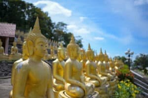 Fila di Buddha dorati a Pakse e Champasak