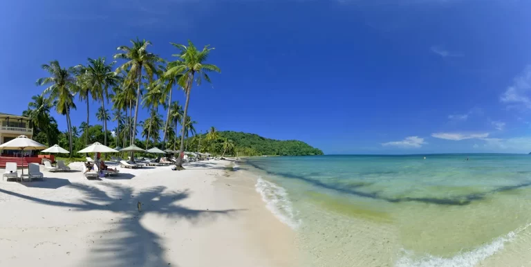 Un'oasi tranquilla con palme e ombrelloni sulla spiaggia di sabbia bianca in Vietnam, perfetta per una fuga estiva rilassante.