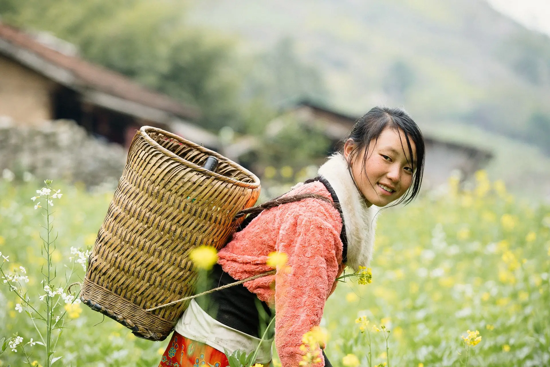 Una giovane donna vietnamita appartenente a una minoranza etnica sorride mentre porta un cesto tradizionale sullo sfondo di campi verdi.