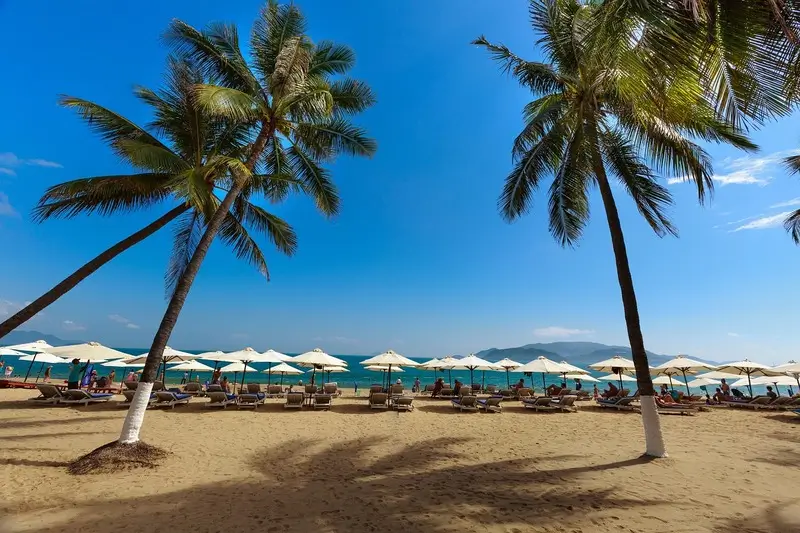 Spiaggia di Nha Trang in Vietnam con palme, ombrelloni e lettini, perfetta per una giornata di relax al mare